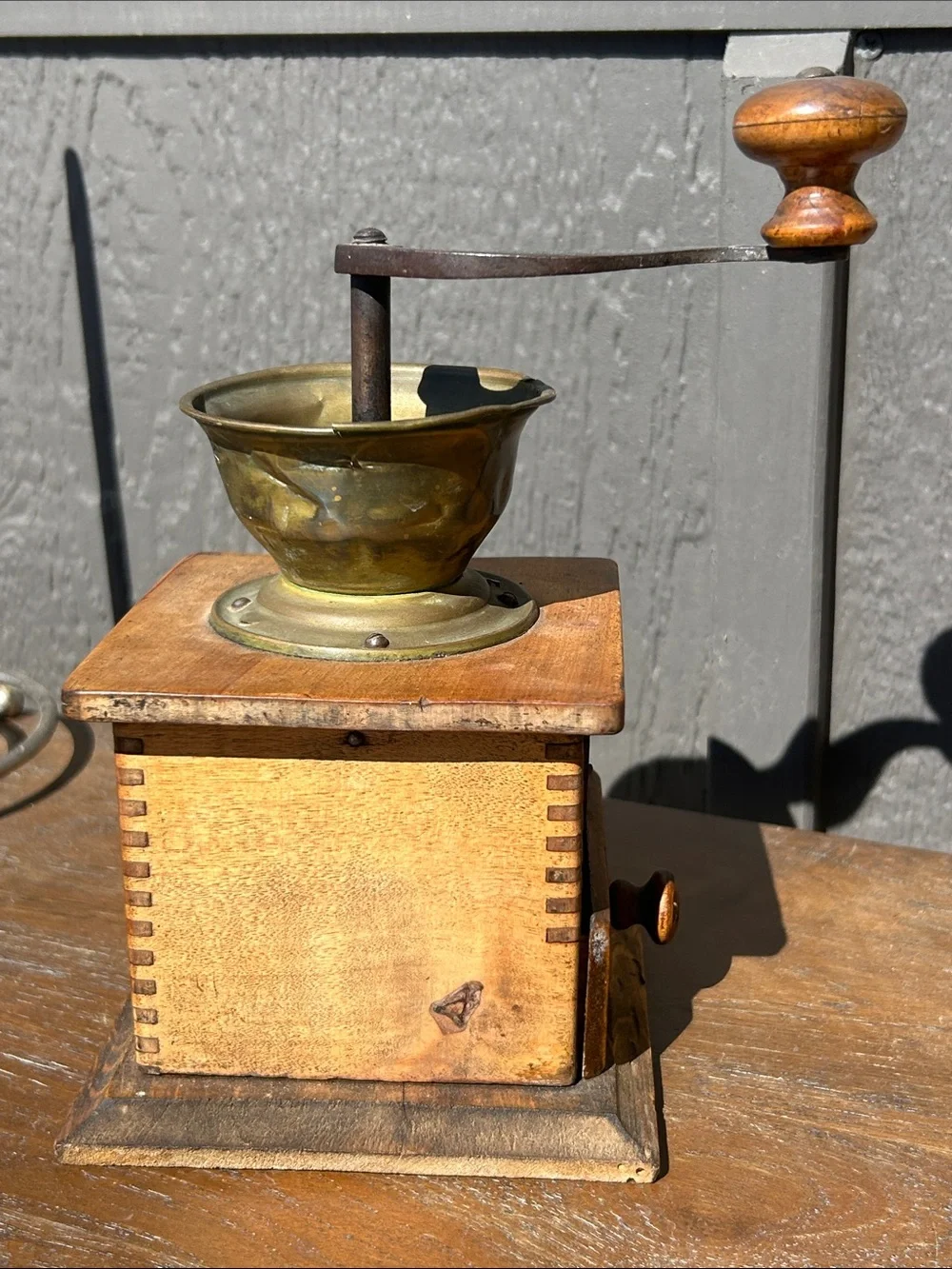 Antique Wooden Coffee Grinder with Brass Hopper